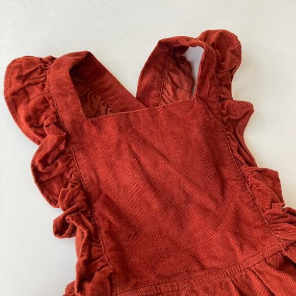 Numi Kids Fine Wale Corduroy Ruffle Pinafore Dress - Rust Brick Red - 2T - Picture 3 of 8